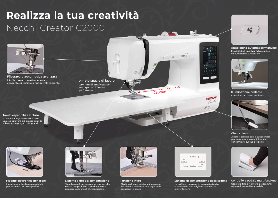 Macchina per cucire e ricamare Necchi Creator C2000 con Tablet Lenovo e software Creative - Cucireonline